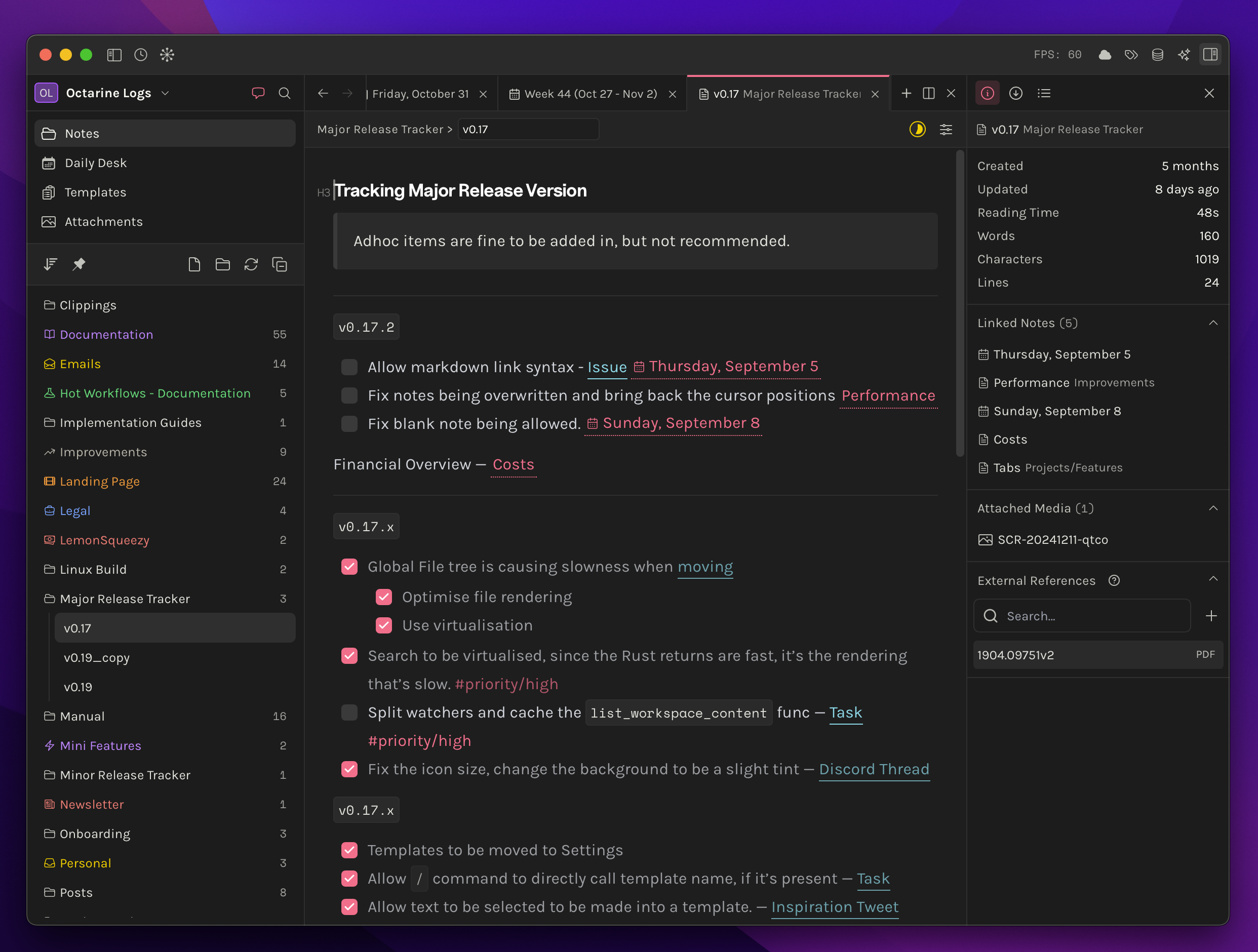 Octarine app screenshot showing markdown editor