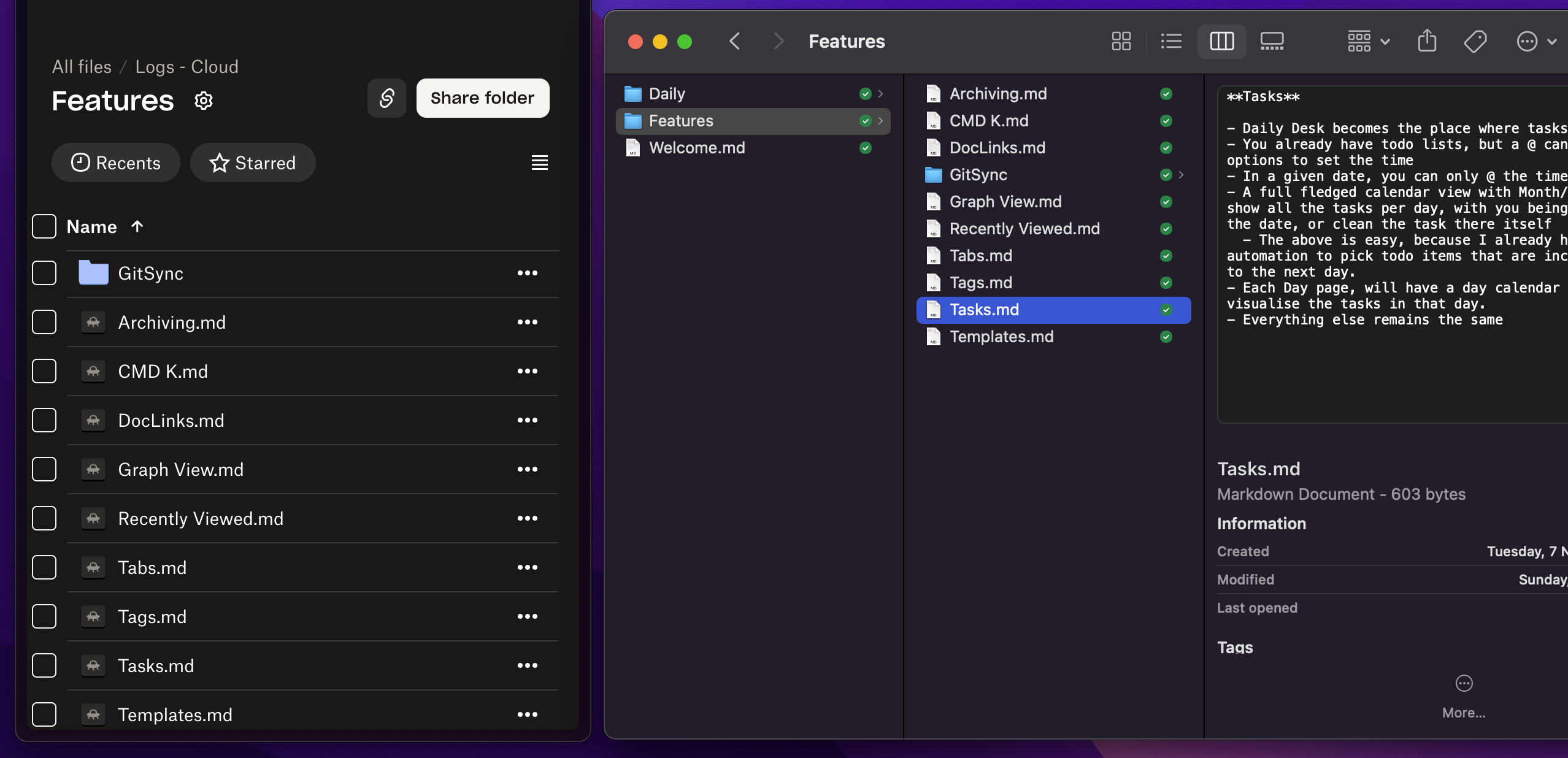 Showing side by side windows of Dropbox and Finder showing the Octarine Workspace